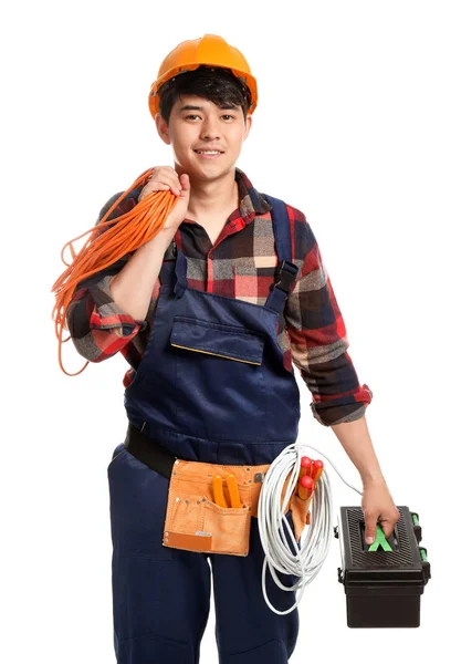 Mužský elektrikář s nástroji na bílém pozadí — Stock fotografie