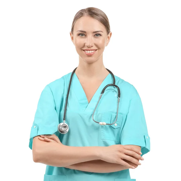 Beyaz zemin üzerine stetoskop ile kadın hemşire — Stok fotoğraf