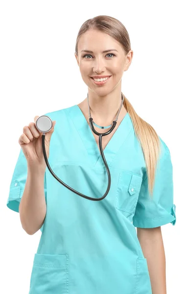 Female nurse with stethoscope on white background — Stock Photo, Image