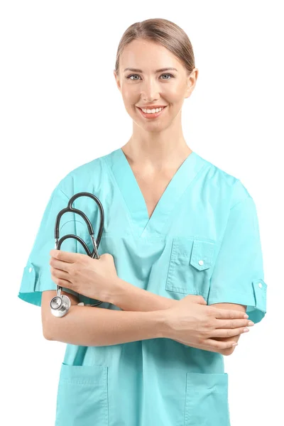 Asistentă medicală cu stetoscop pe fundal alb — Fotografie, imagine de stoc