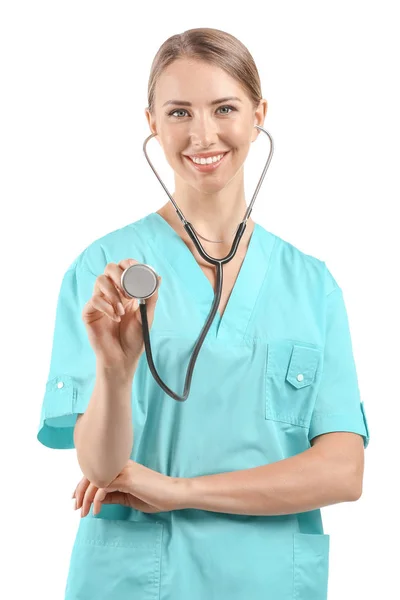 Female nurse with stethoscope on white background — Stock Photo, Image