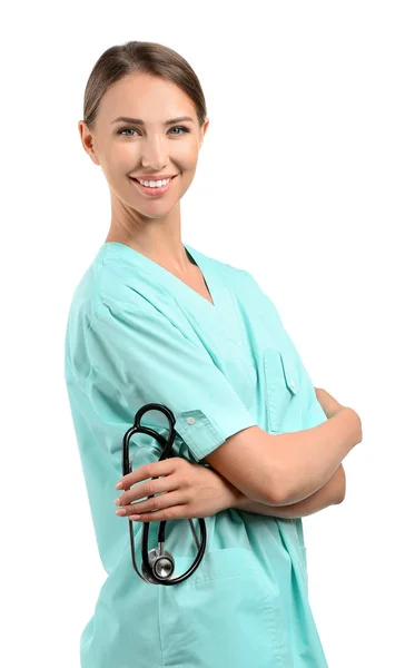 Asistentă medicală cu stetoscop pe fundal alb — Fotografie, imagine de stoc
