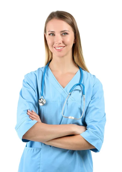 Female nurse with stethoscope on white background — Stock Photo, Image