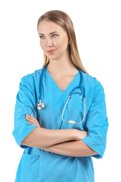 Krankenschwester mit Stethoskop auf weißem Hintergrund — Stockfoto