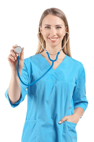 Female nurse with stethoscope on white background — Stock Photo, Image