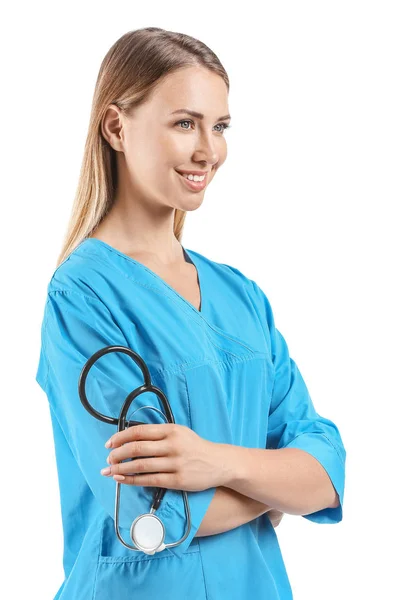 Female nurse with stethoscope on white background — Stock Photo, Image