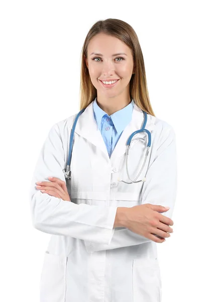 女医生用听诊器在白色背景上 — 图库照片