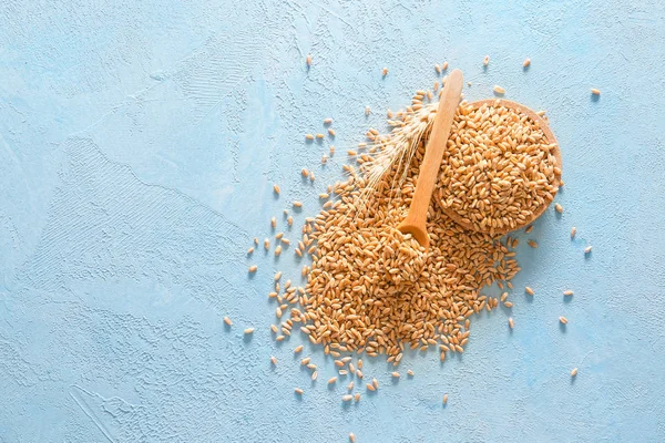 Plate and spoon with wheat grains on color background — Stock Photo, Image