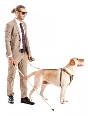 Beyaz arka plan üzerinde rehber köpek ile Kör genç adam