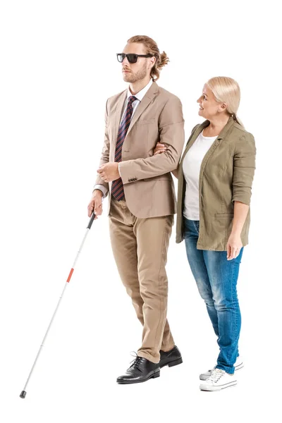 Blind young man with mother on white background — Stock Photo, Image