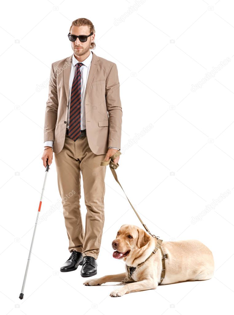 Blind young man with guide dog on white background