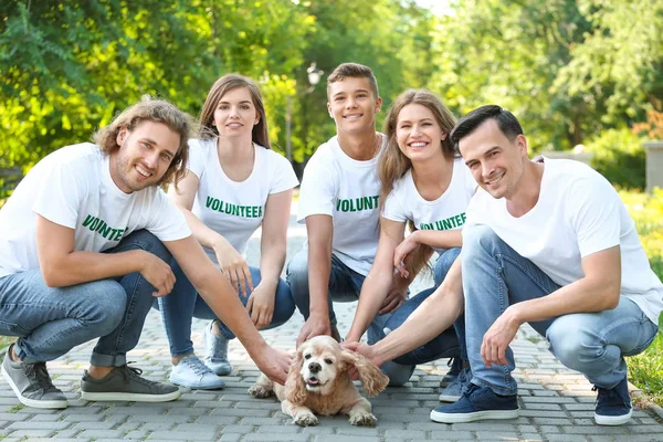 Voluntários com cão bonito ao ar livre — Fotografia de Stock