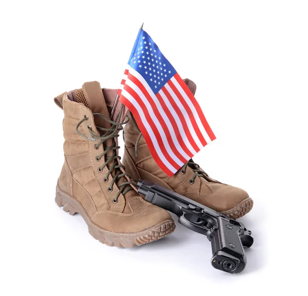 Military boots, gun and USA flag on white background — Stock Photo, Image