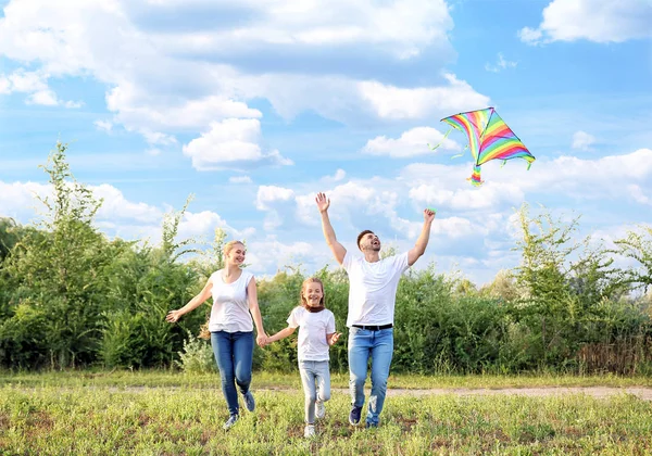 Happy family flying kite outdoors