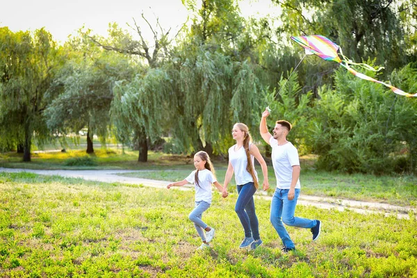 Счастливая семья запускает воздушного змея на открытом воздухе — стоковое фото