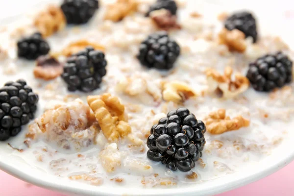 Tasty sweet oatmeal with blackberry and nut in bowl, closeup — Stock Photo, Image