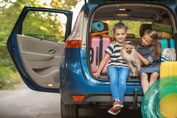 Bambini seduti nel bagagliaio dell'auto con bagagli — Foto Stock