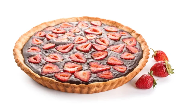 Tasty chocolate cake with strawberry on white background — Stock Photo, Image