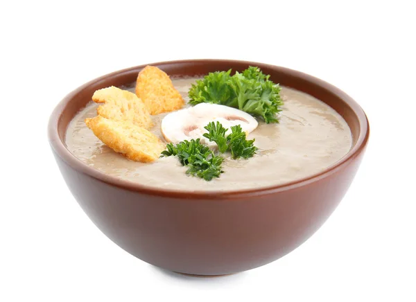Bowl of tasty mushroom cream soup on white background — Stock Photo, Image
