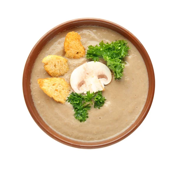 Bowl of tasty mushroom cream soup on white background — Stock Photo, Image