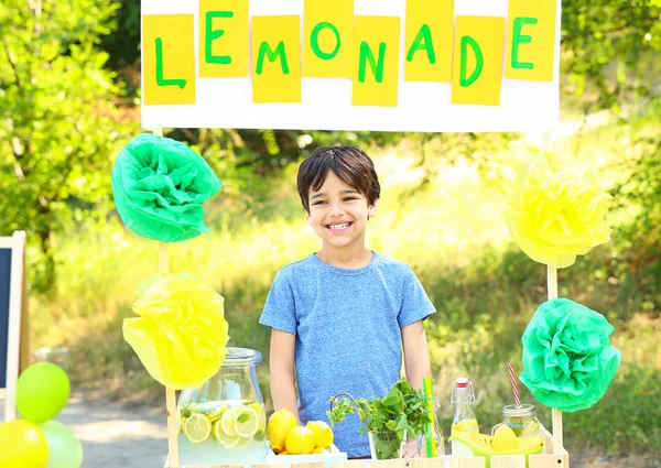 Lindo niño en el puesto de limonada en el parque — Foto de Stock