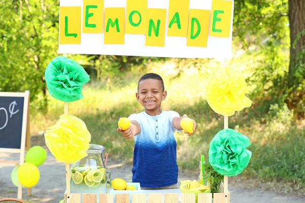 Süßer kleiner afrikanisch-amerikanischer Junge verkauft Limonade im Park — Stockfoto