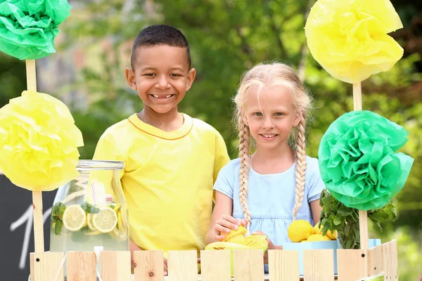 Słodkie małe dzieci sprzedające lemoniadę w parku — Zdjęcie stockowe