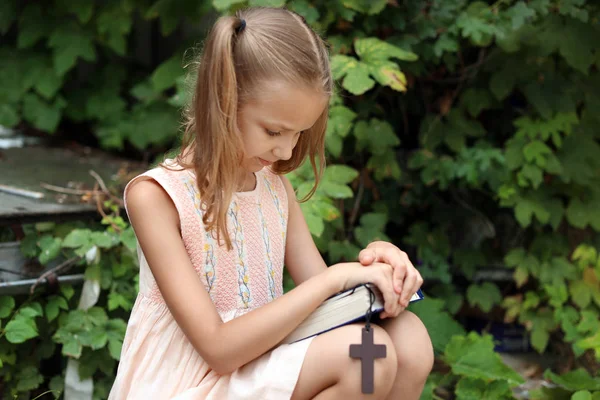 귀여운 작은 소녀와 성경 야외 — 스톡 사진