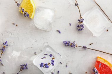Gri arka planda buz küpleri ve narenciye dilimleri ile Lavanta çiçekleri