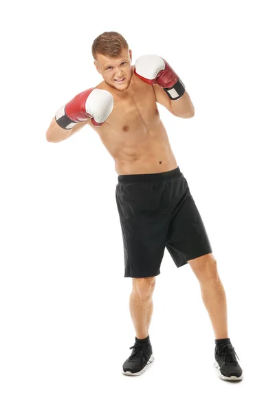 Forte boxeador masculino no fundo branco — Fotografia de Stock