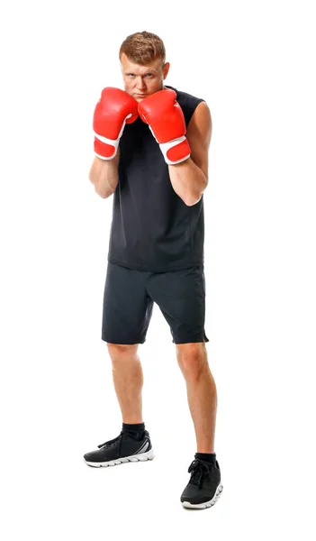 Forte boxeador masculino no fundo branco — Fotografia de Stock