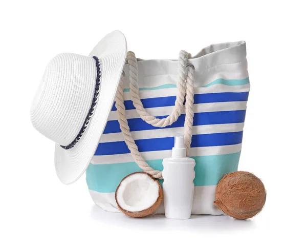 Beach bag and accessories on white background — Stock Photo, Image