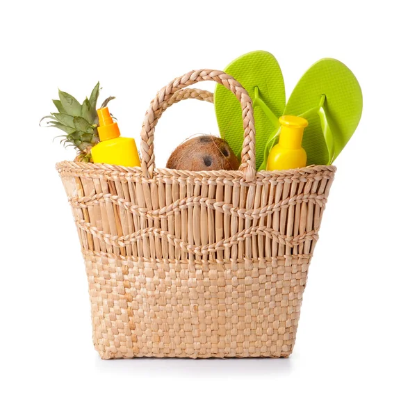 Beach bag and accessories on white background — Stock Photo, Image