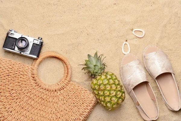 Composition with beach accessories on sand — Stock Photo, Image