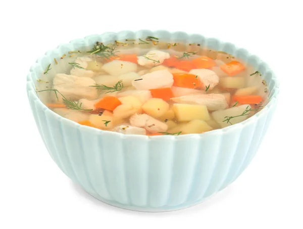 Μπολ με νόστιμη σούπα σε λευκό φόντο — Φωτογραφία Αρχείου