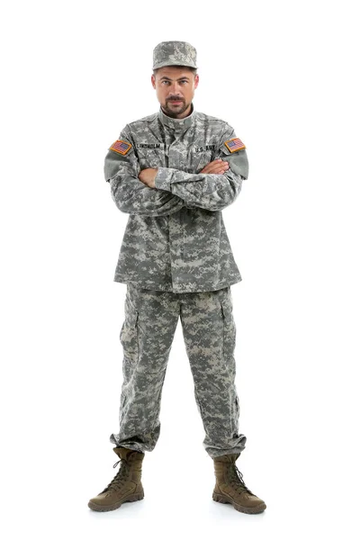 Soldat i kamouflage på vit bakgrund — Stockfoto