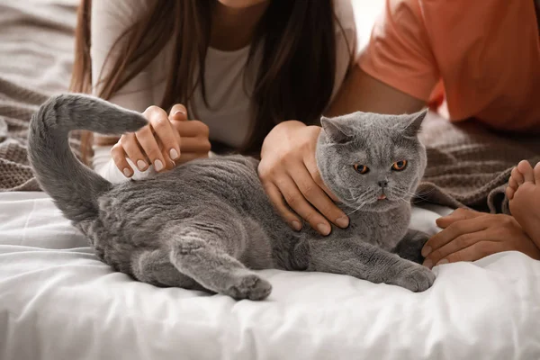 Famiglia felice con simpatico gatto sul letto a casa — Foto Stock