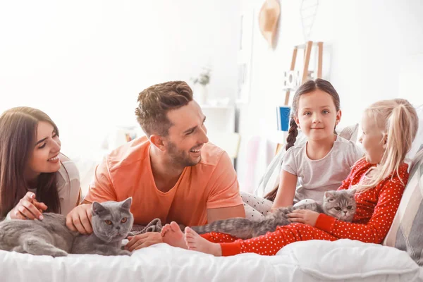 Happy family with cute cats on bed at home