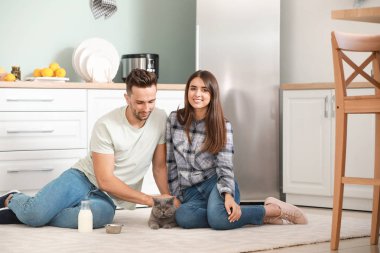Mutlu çift mutfakta sevimli kedi besleme