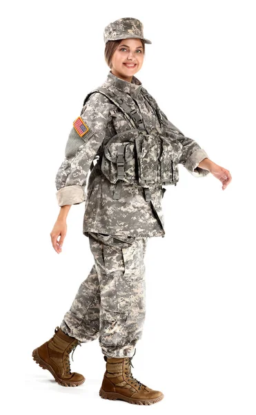 Young female soldier on white background — Stock Photo, Image