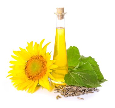Beyaz zemin üzerinde ayçiçeği yağı olan kompozisyon