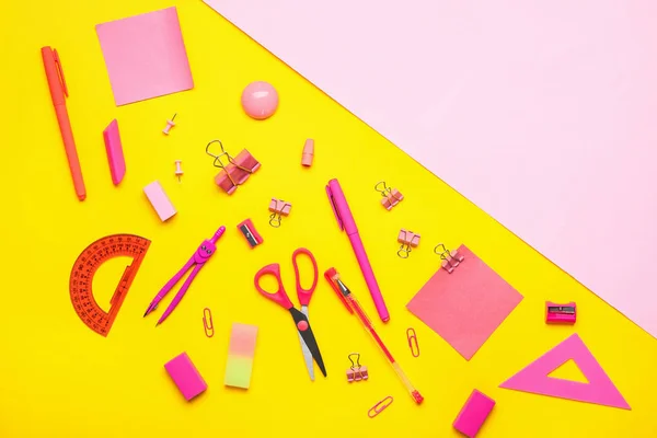 Set of school supplies on color background — Stock Photo, Image
