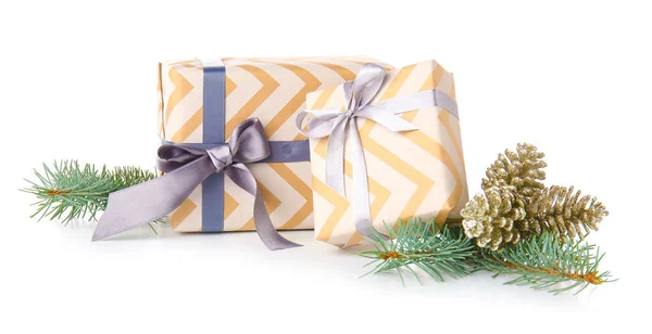 Beautiful Christmas gift boxes on white background — Stock Photo, Image