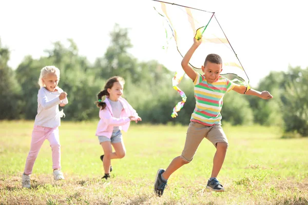 Grupp glada barn med kite i parken — Stockfoto