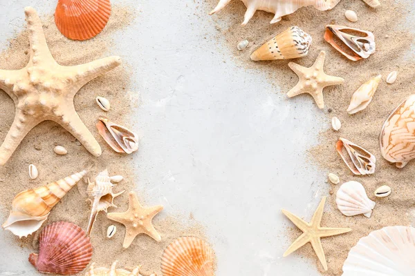 Beautiful sea shells, starfishes and sand on light background — Stock Photo, Image