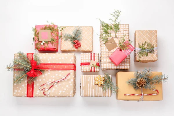 Beautiful Christmas gift boxes on white background — Stock Photo, Image
