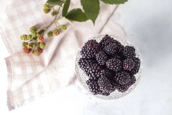 Glass bowl with tasty blackberries on light background — Stock Photo, Image