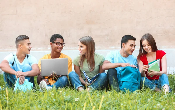 Retrato de jóvenes estudiantes sentados en la hierba al aire libre — Foto de Stock