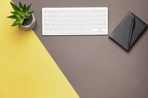Modern computer keyboard with stationery and plant on color background — Stock Photo, Image