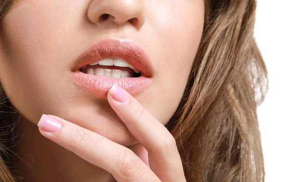 Young woman with beautiful lips, closeup — Stock Photo, Image